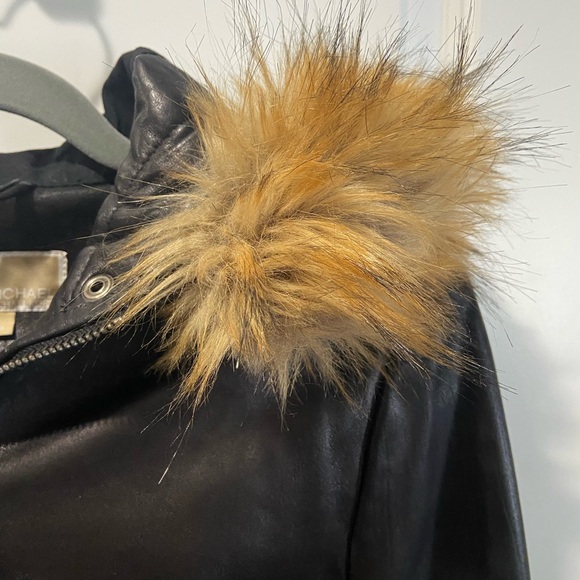 Black Leather Jacket with Fur Hood - Picture 3 of 8